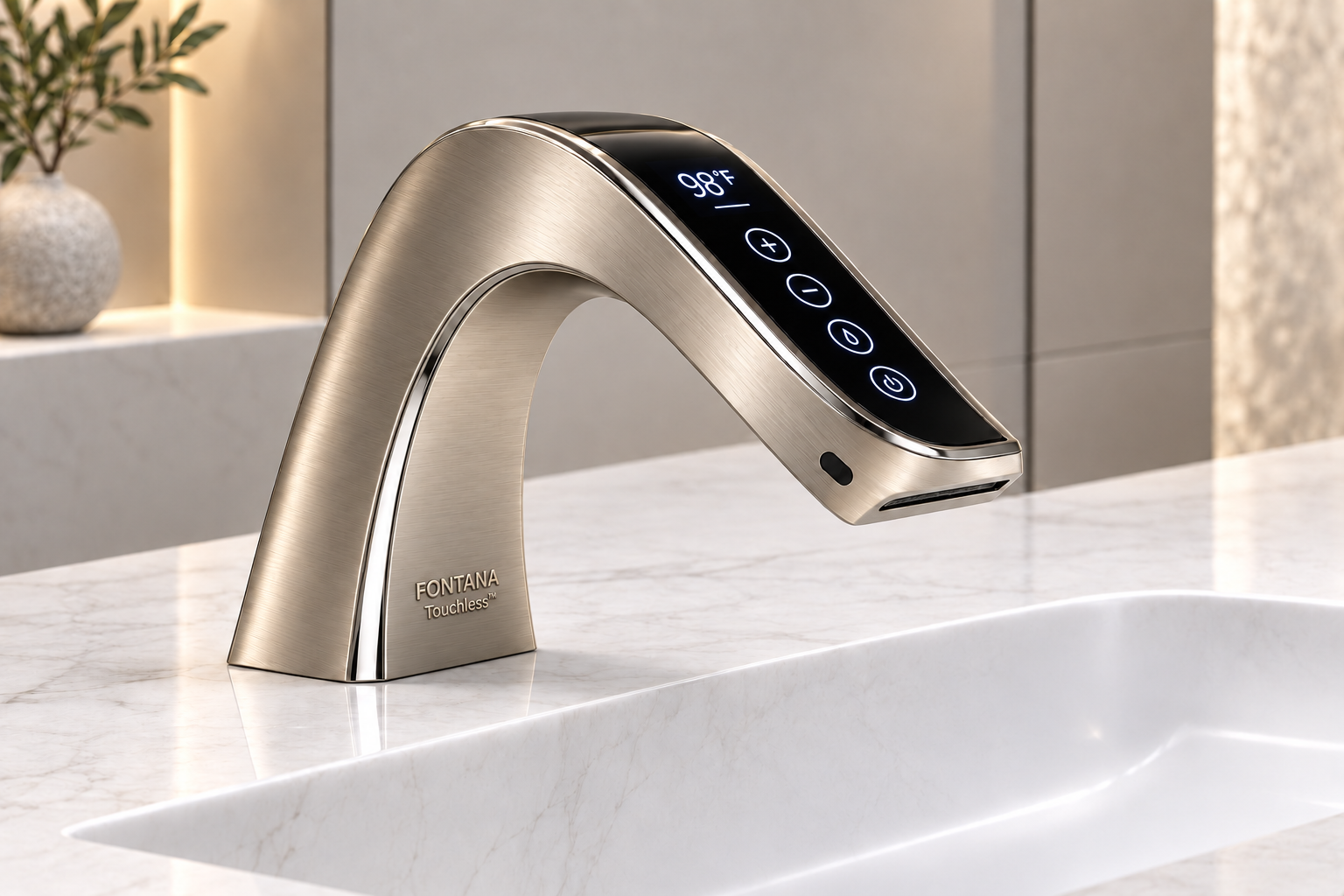 Brushed nickel hands-free faucet for accessible wash-station planning