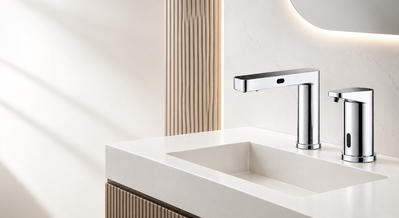 Fontana coordinated commercial touchless faucet and automatic soap dispenser sets