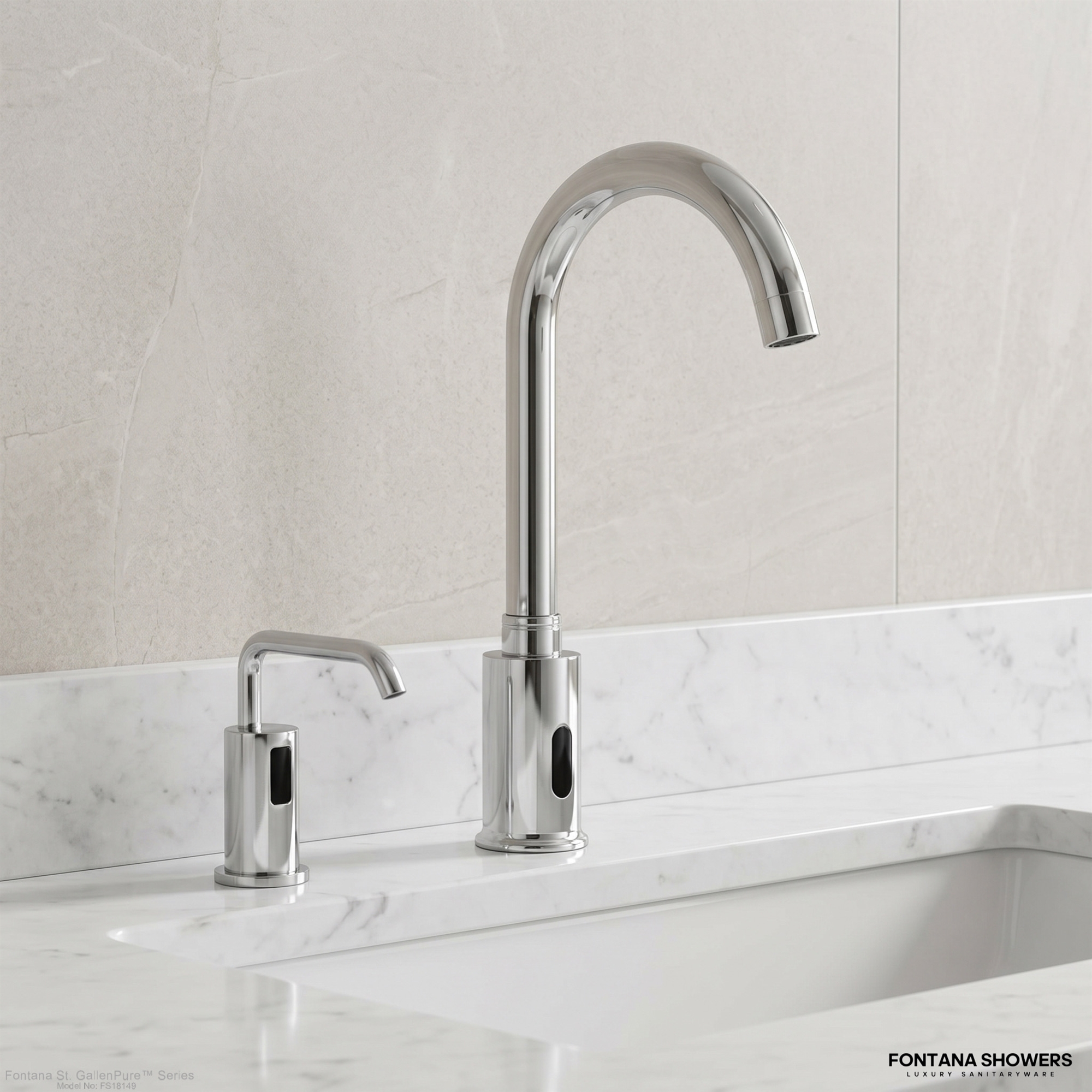 Fontana St. Gallen Chrome Touchless Commercial Motion Sensor Faucet & Automatic No Touch Soap Dispenser for Restrooms