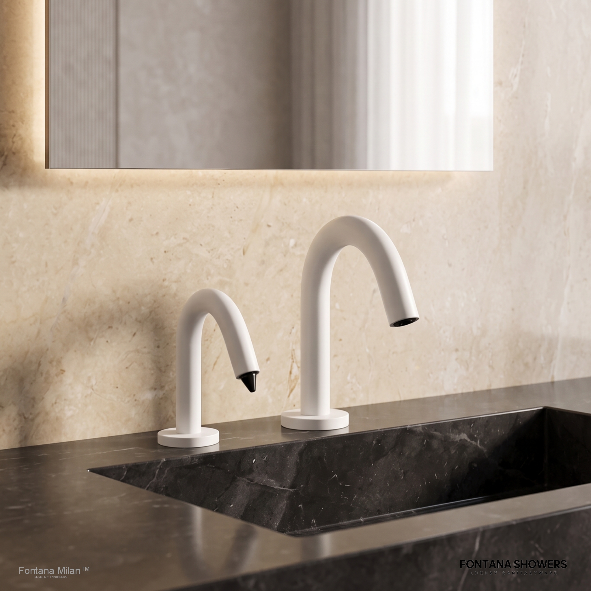 Fontana Milan Matte White Sensor Faucet & Automatic Soap Dispenser Set