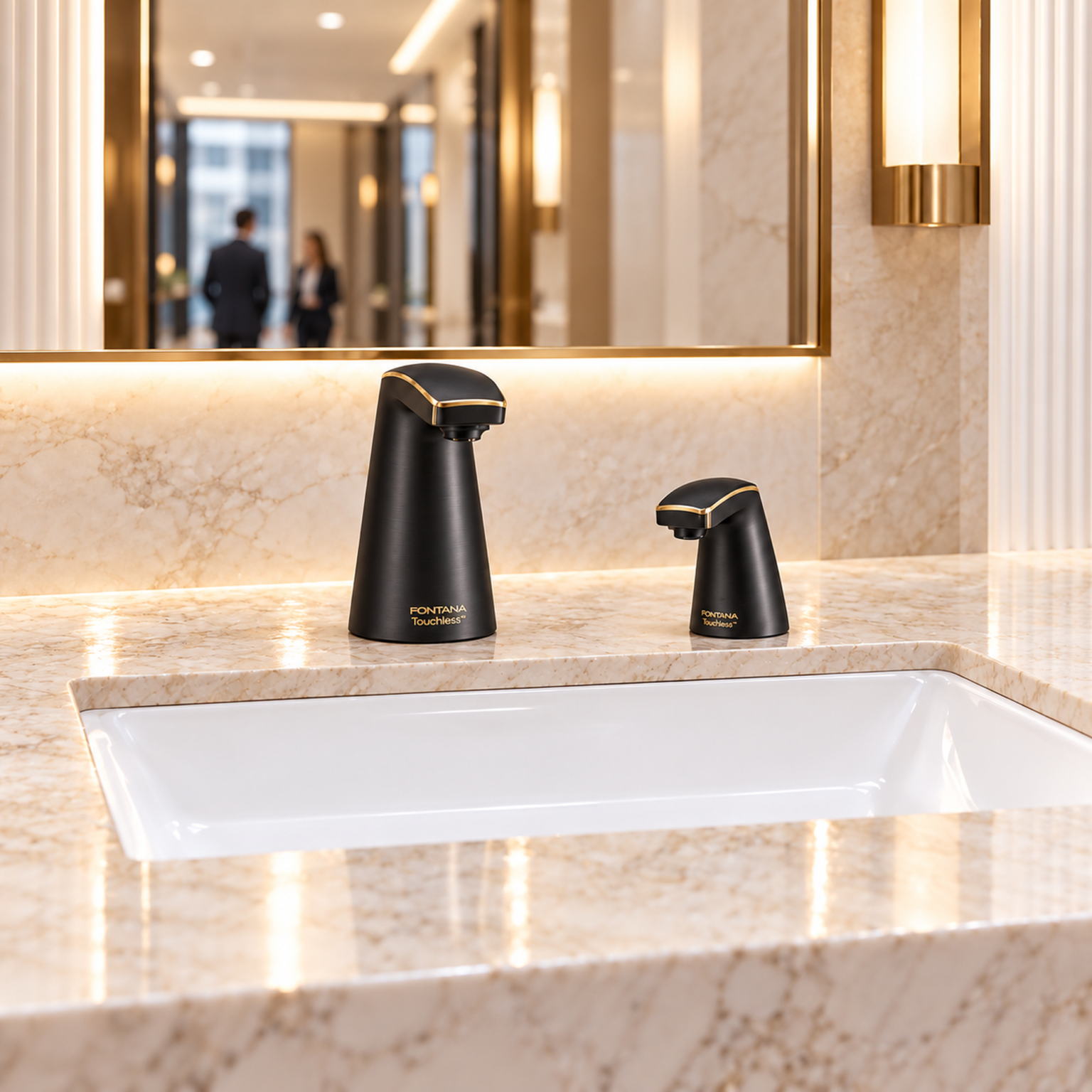 Polished chrome dual-function touchless fixture showing water and soap outlets