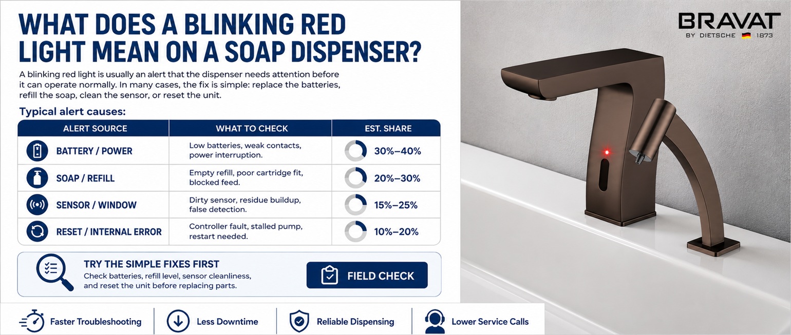 Bravat dark bronze square touchless soap dispenser and matching faucet model shown beside a guide explaining what a blinking red light means on a soap dispenser