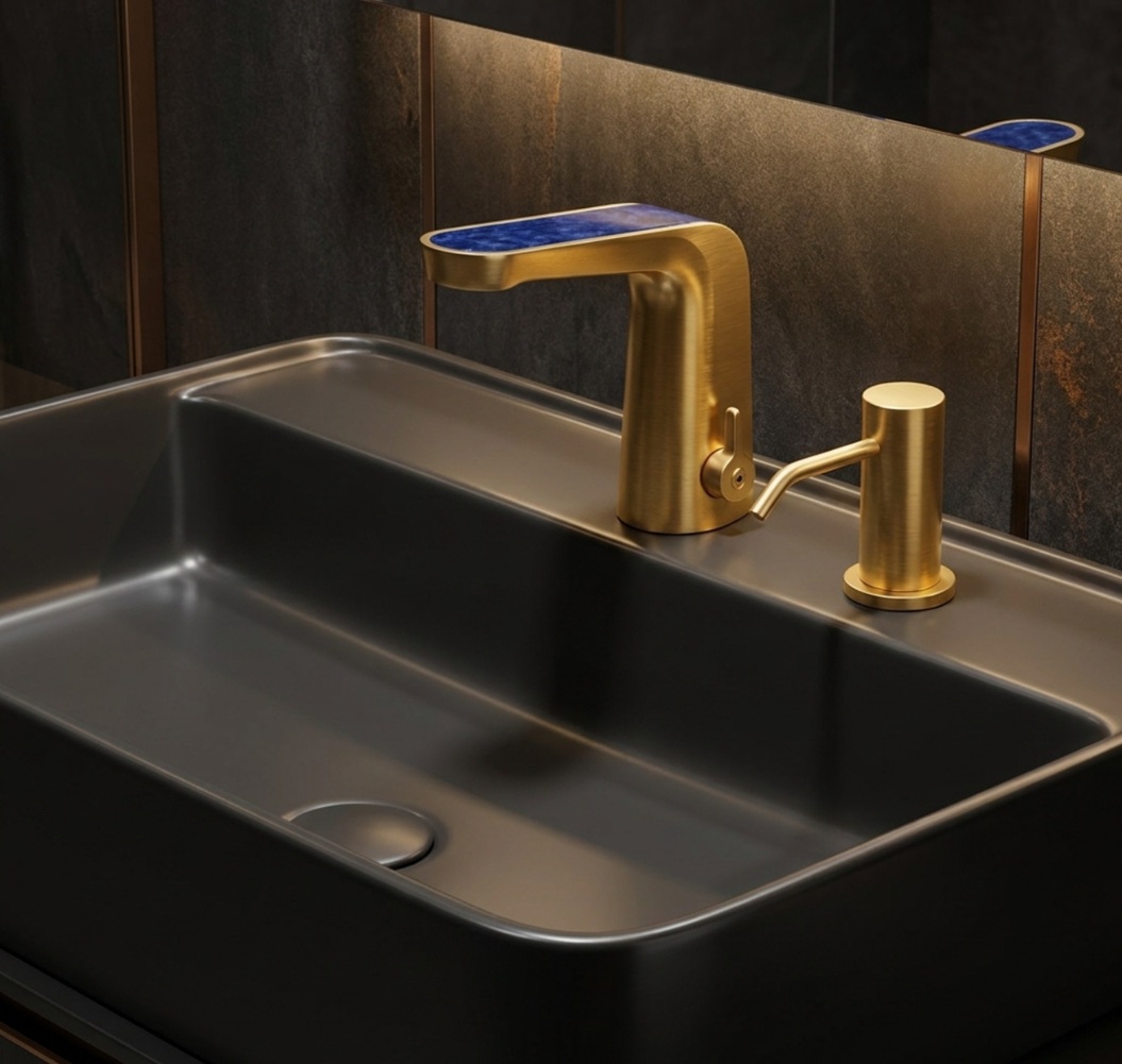 Brushed gold touchless faucet model with blue inlay top and matching soap dispenser installed on a dark modern bathroom sink
