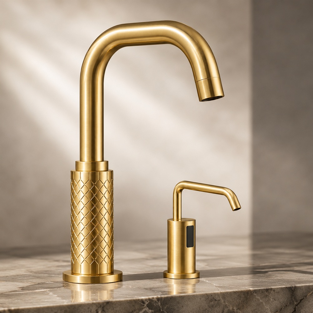 Square frame showing a chrome touchless automatic soap dispenser for replacement and maintenance planning