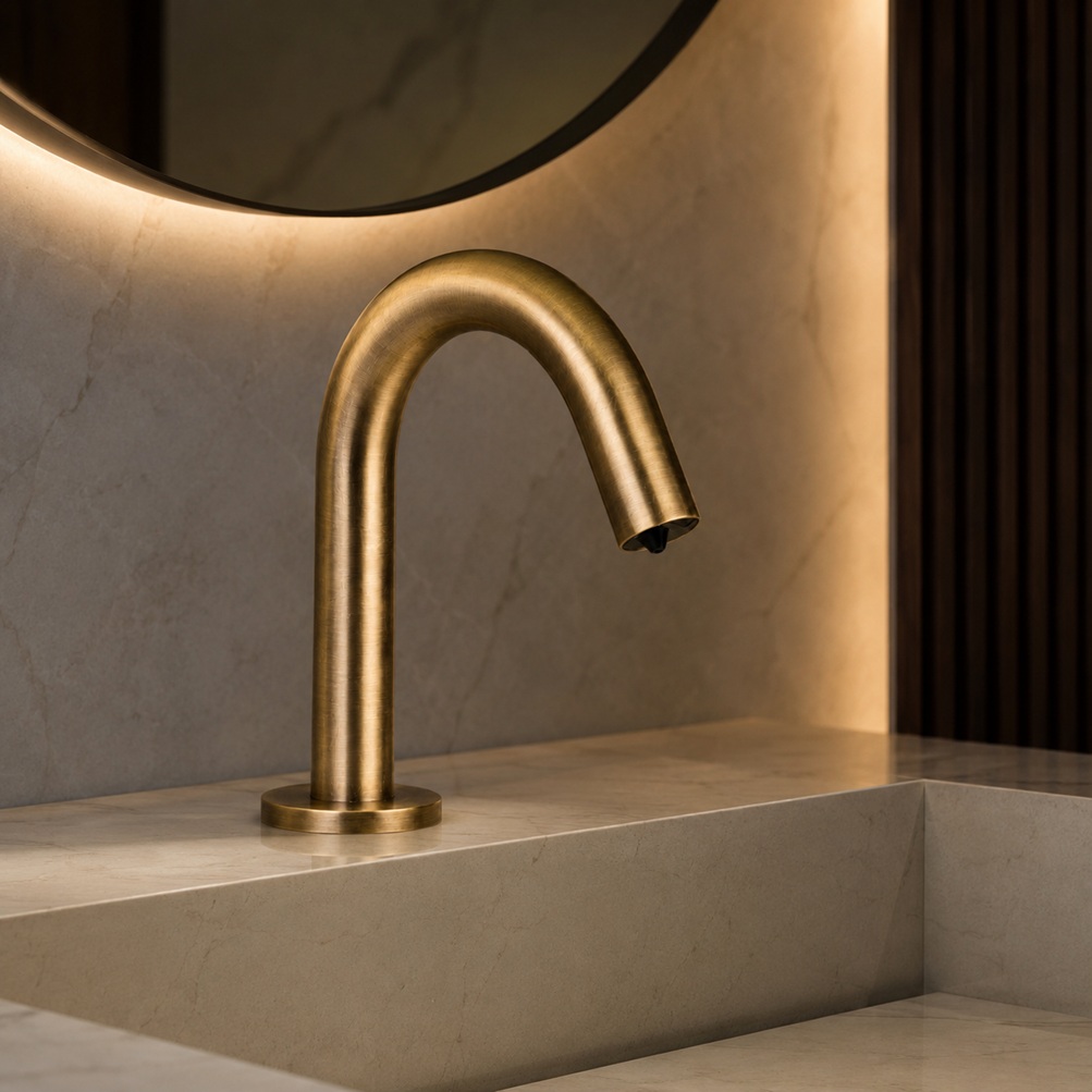Brushed gold rounded gooseneck touchless faucet model installed on a marble bathroom vanity with warm backlit mirror and modern stone wall backdrop