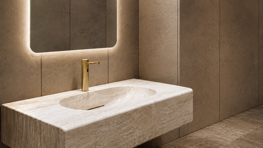 Commercial restroom fixture row for resetting and testing touchless soap dispenser operation after maintenance