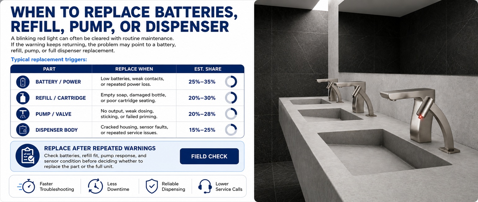 Brushed nickel automatic faucet and soap dispenser model shown beside a guide for when to replace batteries, refill, pump, valve, or dispenser body
