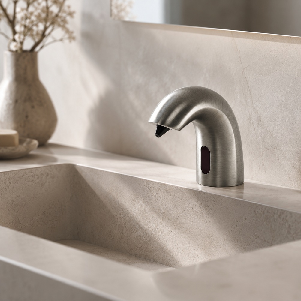 Square frame showing a matte black commercial automatic soap dispenser for heavy-use restroom upgrades