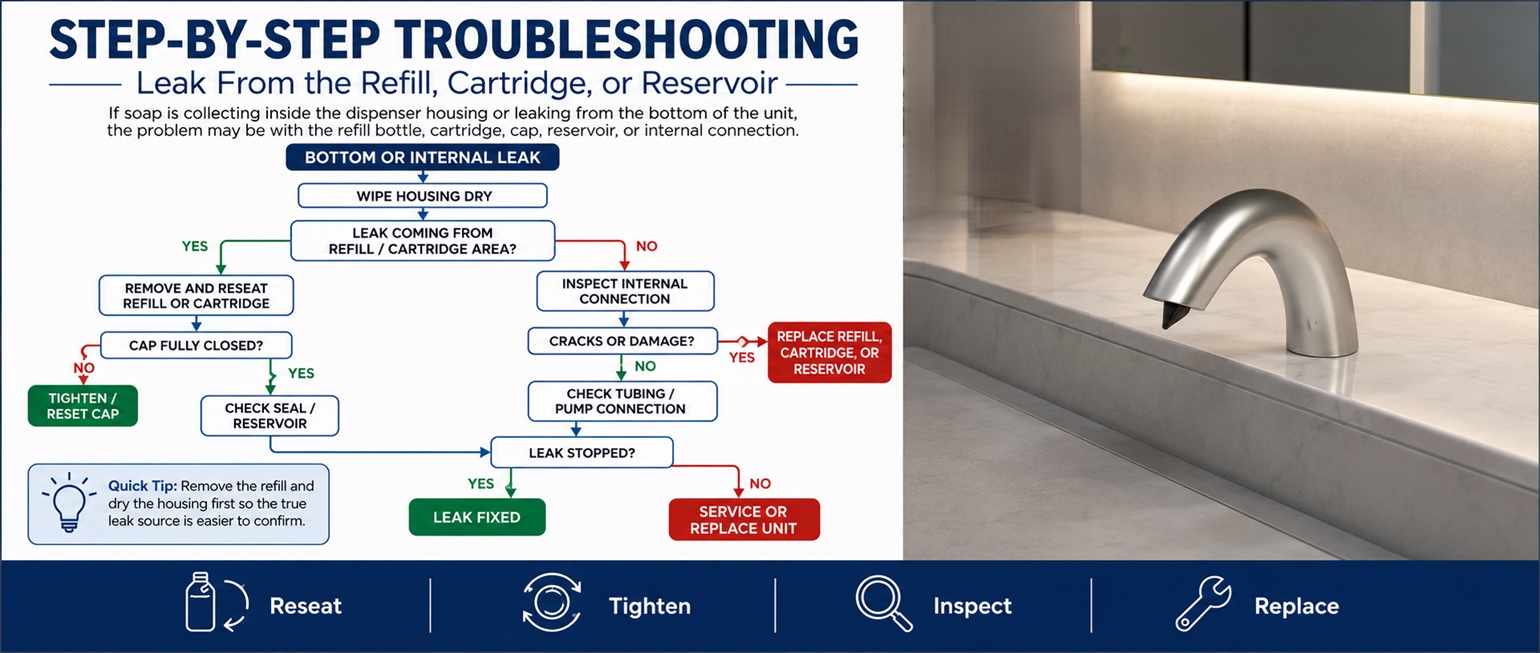 Brushed nickel compact arched touchless faucet model shown beside a step-by-step troubleshooting guide for leaks from the refill, cartridge, or reservoir