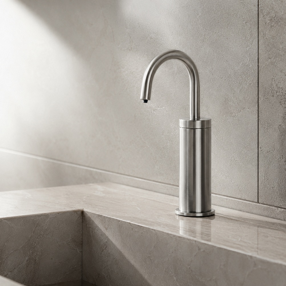 Brushed nickel cylindrical gooseneck touchless faucet model installed on a light stone bathroom vanity with matching textured wall tile