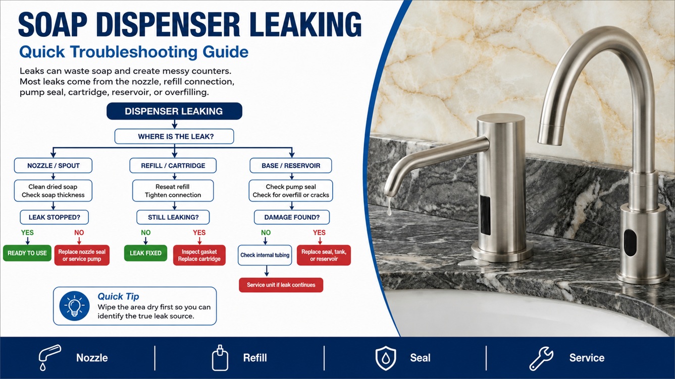 Brushed nickel touchless soap dispenser and matching faucet model shown beside a soap dispenser leaking troubleshooting guide for nozzle, refill, seal, and reservoir issues