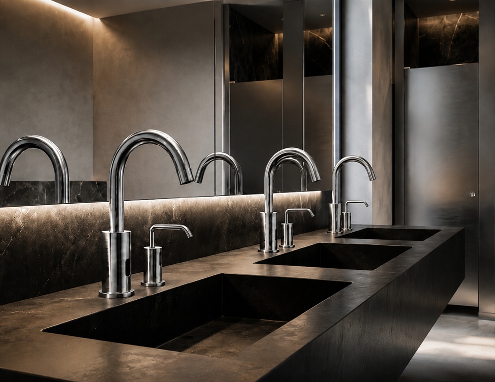 Polished chrome gooseneck faucet and matching soap dispenser set installed on a black marble commercial restroom vanity with mirror and modern lighting