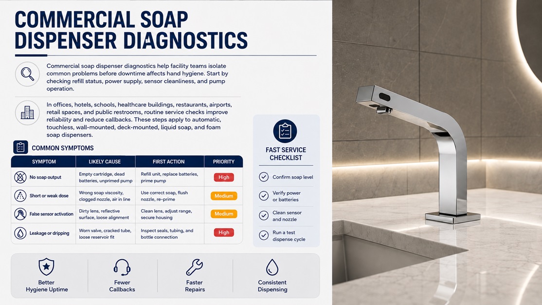 Automatic soap dispenser in busy airport restroom for high traffic service and battery maintenance planning