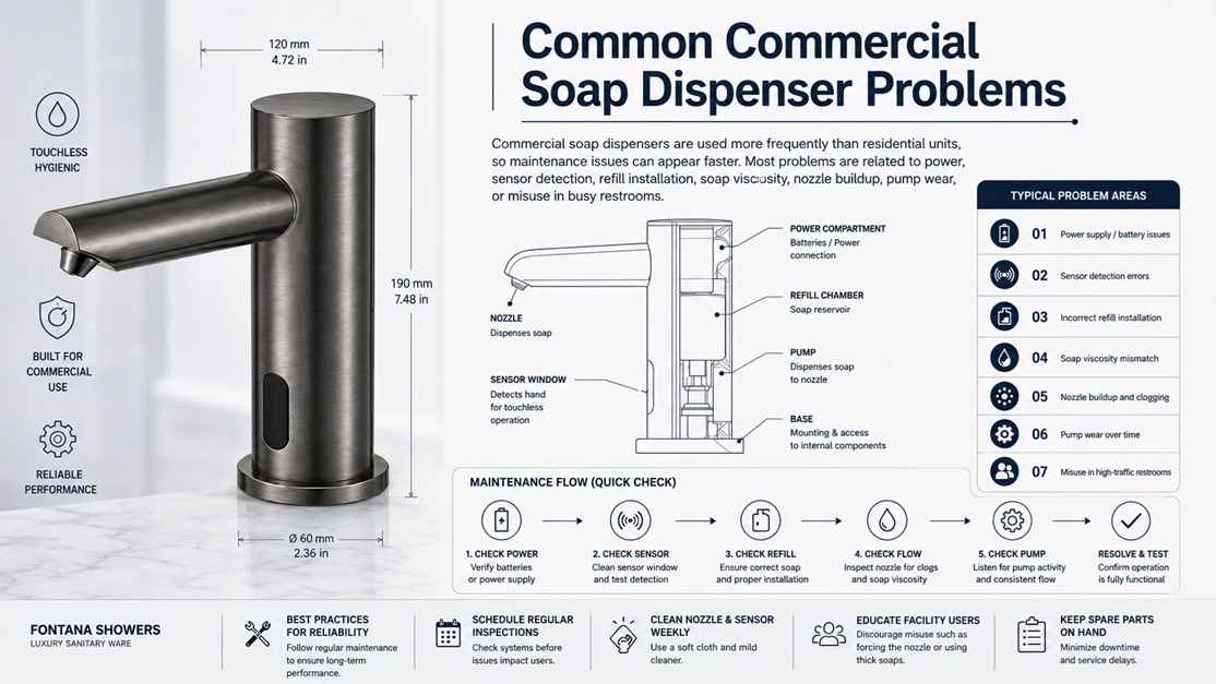 High traffic commercial restroom sink line with touchless soap dispensers and faucets for maintenance troubleshooting