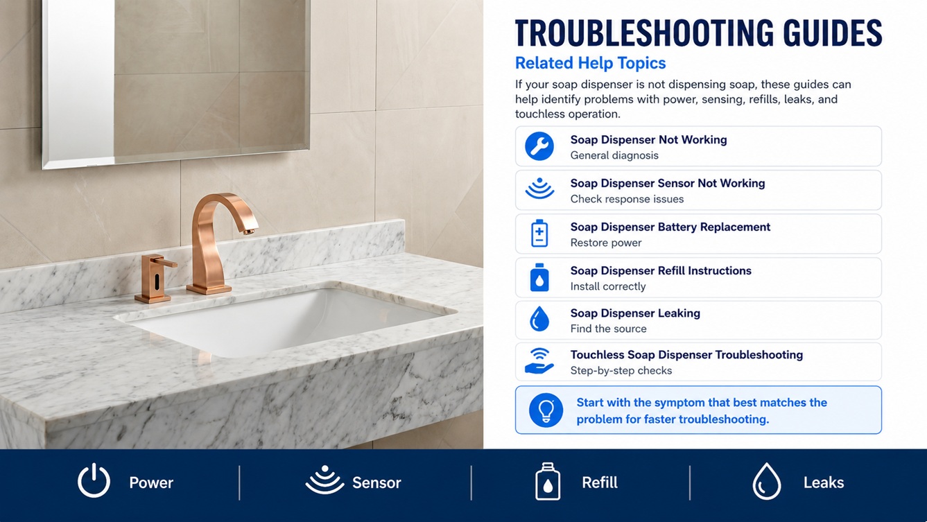 Horizontal frame showing a chrome modern liquid sensor soap dispenser for related troubleshooting guides