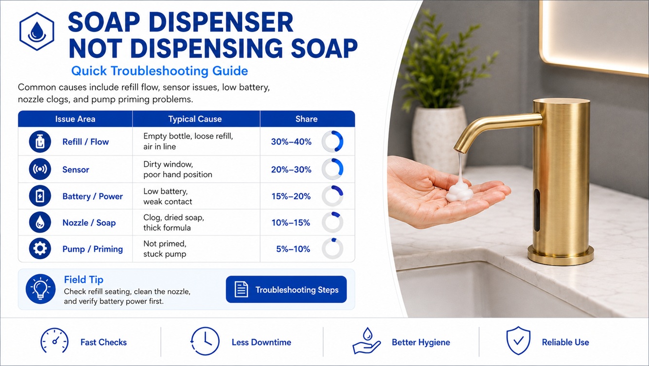 Commercial automatic soap dispenser installed in a high-traffic restroom for touchless hand hygiene troubleshooting