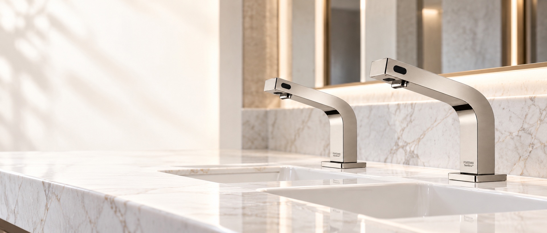 Two Fontana brushed nickel touchless sensor faucets installed on a luxury marble bathroom vanity
