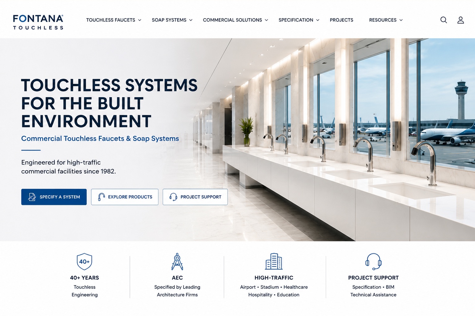 Fontana commercial touchless faucets and soap systems for airport facilities