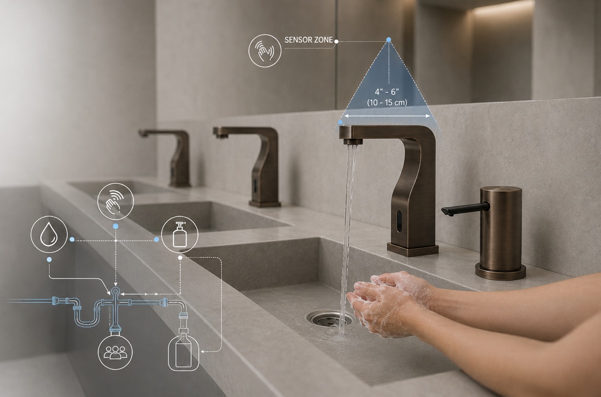 Touchless commercial faucet reducing hand contact during the handwashing sequence