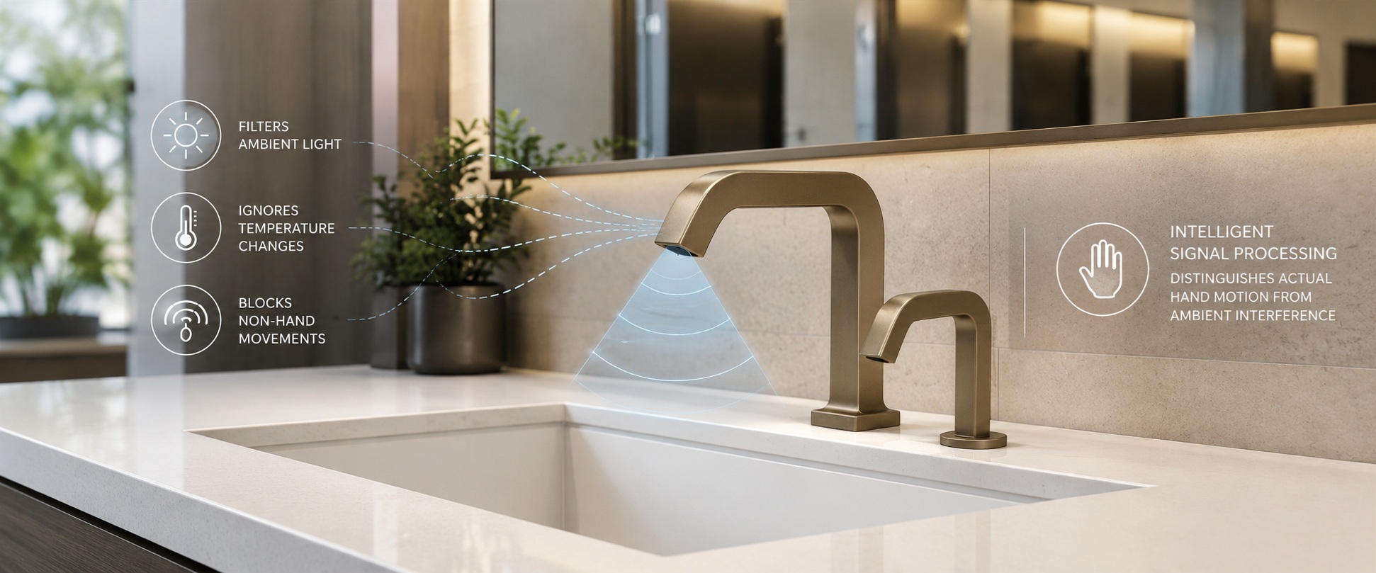 Fontana ToF sensor faucet illustrating intelligent signal processing that distinguishes real hand motion from ambient light, temperature changes, and non-hand movement