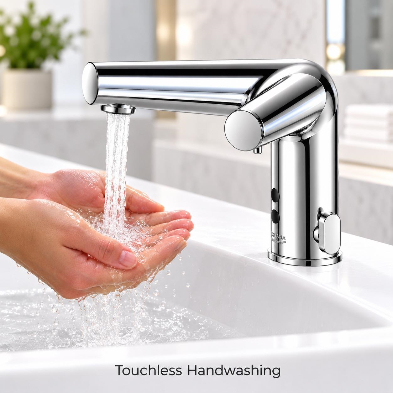 Polished chrome automatic sensor faucet during hands-free handwashing