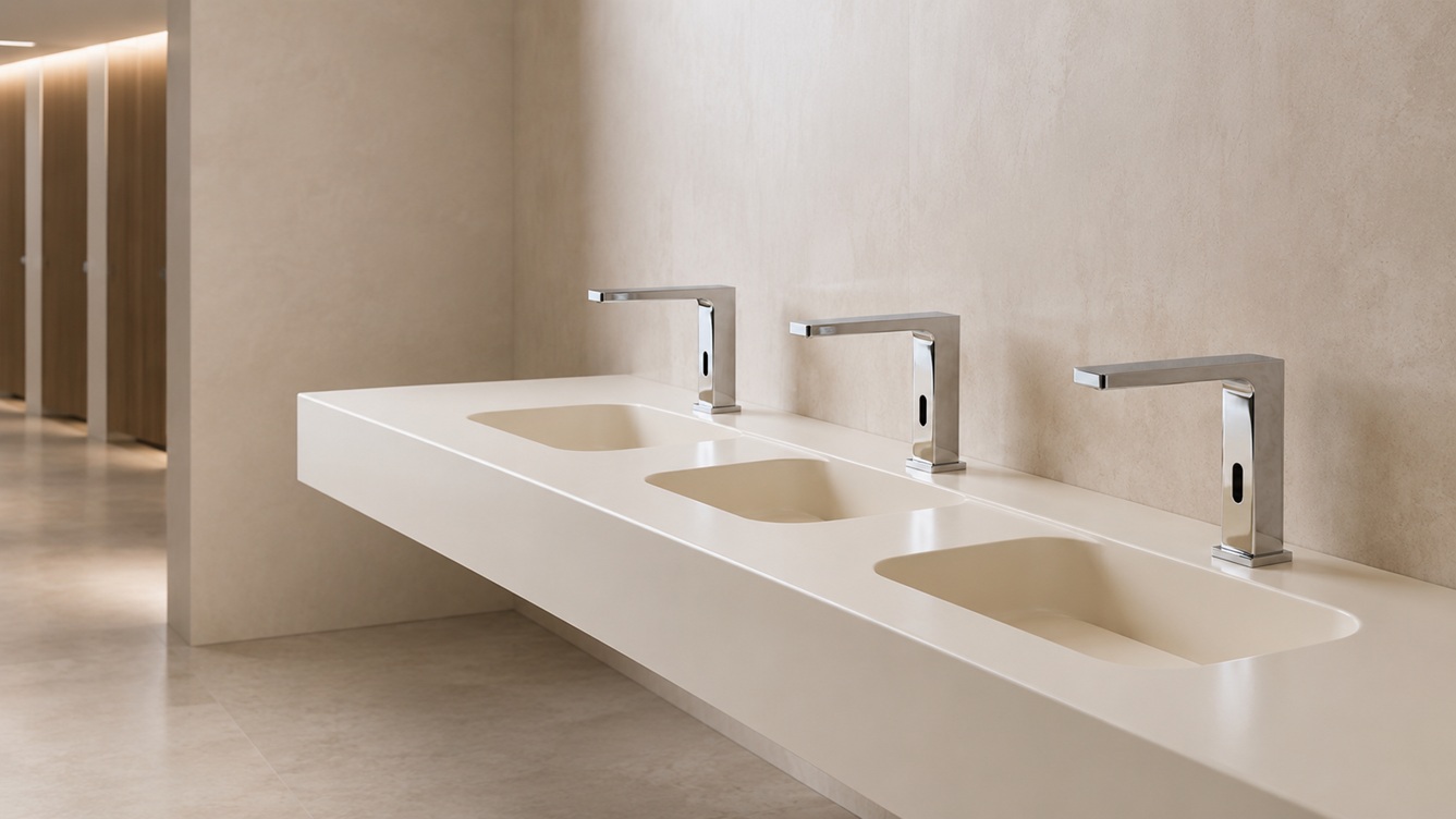 Fontana chrome automatic touchless faucet with coordinated soap dispenser for commercial restroom hygiene