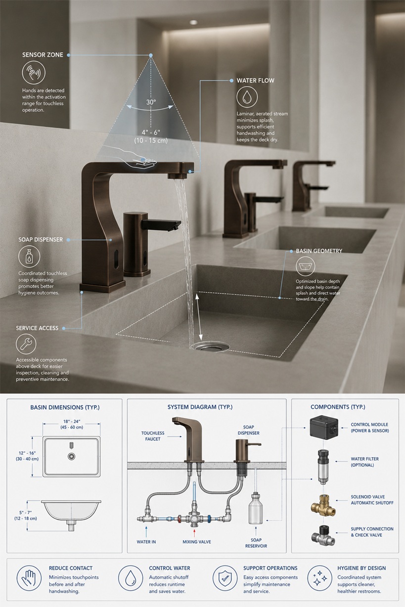 Commercial touchless bathroom faucet hygiene planning for sensor operation, basin coordination and maintenance