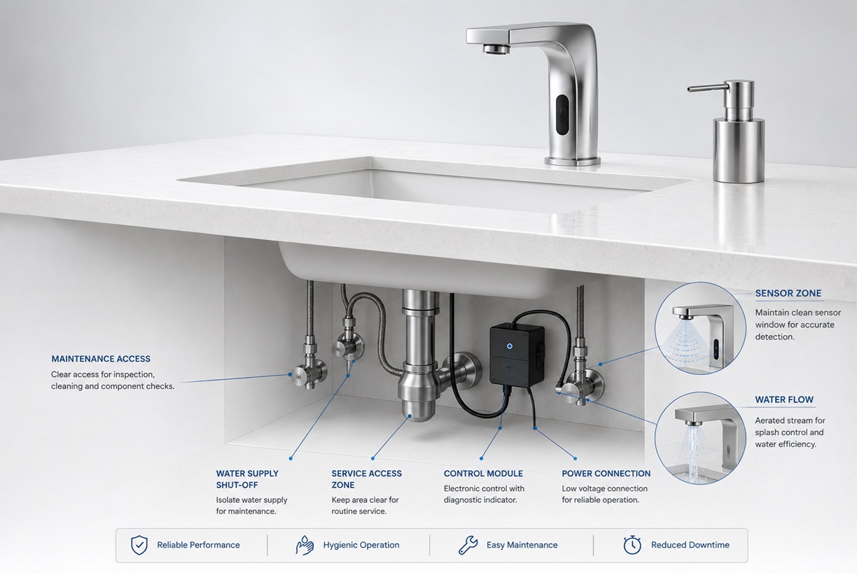 Commercial touchless faucet maintenance access, sensor cleaning, filter inspection, aerator servicing and preventive maintenance planning