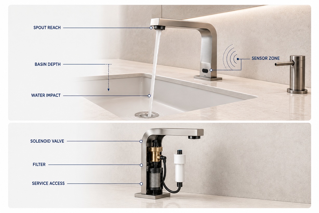 Commercial touchless faucet coordinated with basin depth, spout reach, water impact location and maintenance access