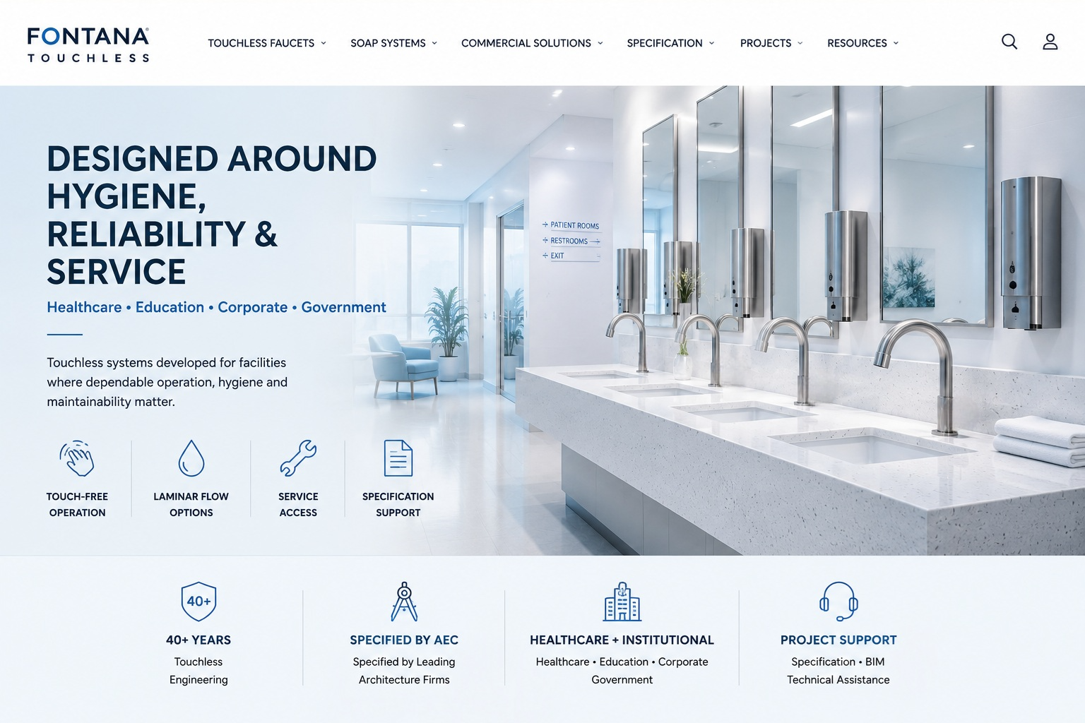 Fontana commercial touchless faucets and soap systems for healthcare and institutional facilities
