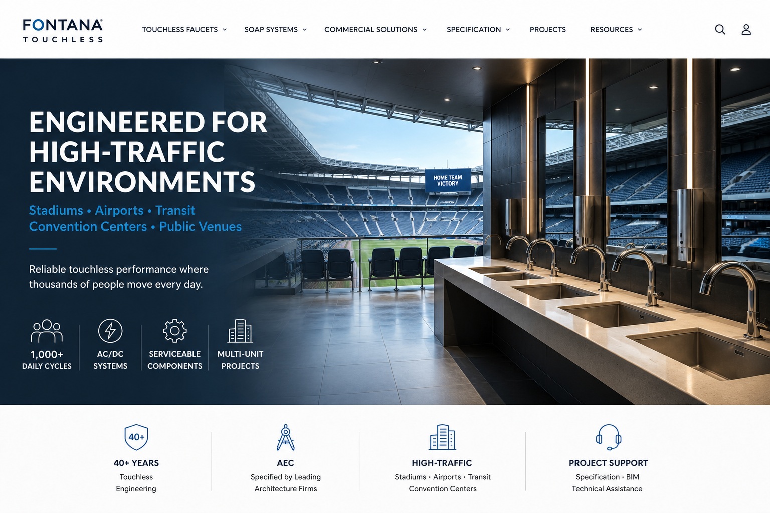 Fontana touchless faucet systems for stadiums and high-traffic public venues