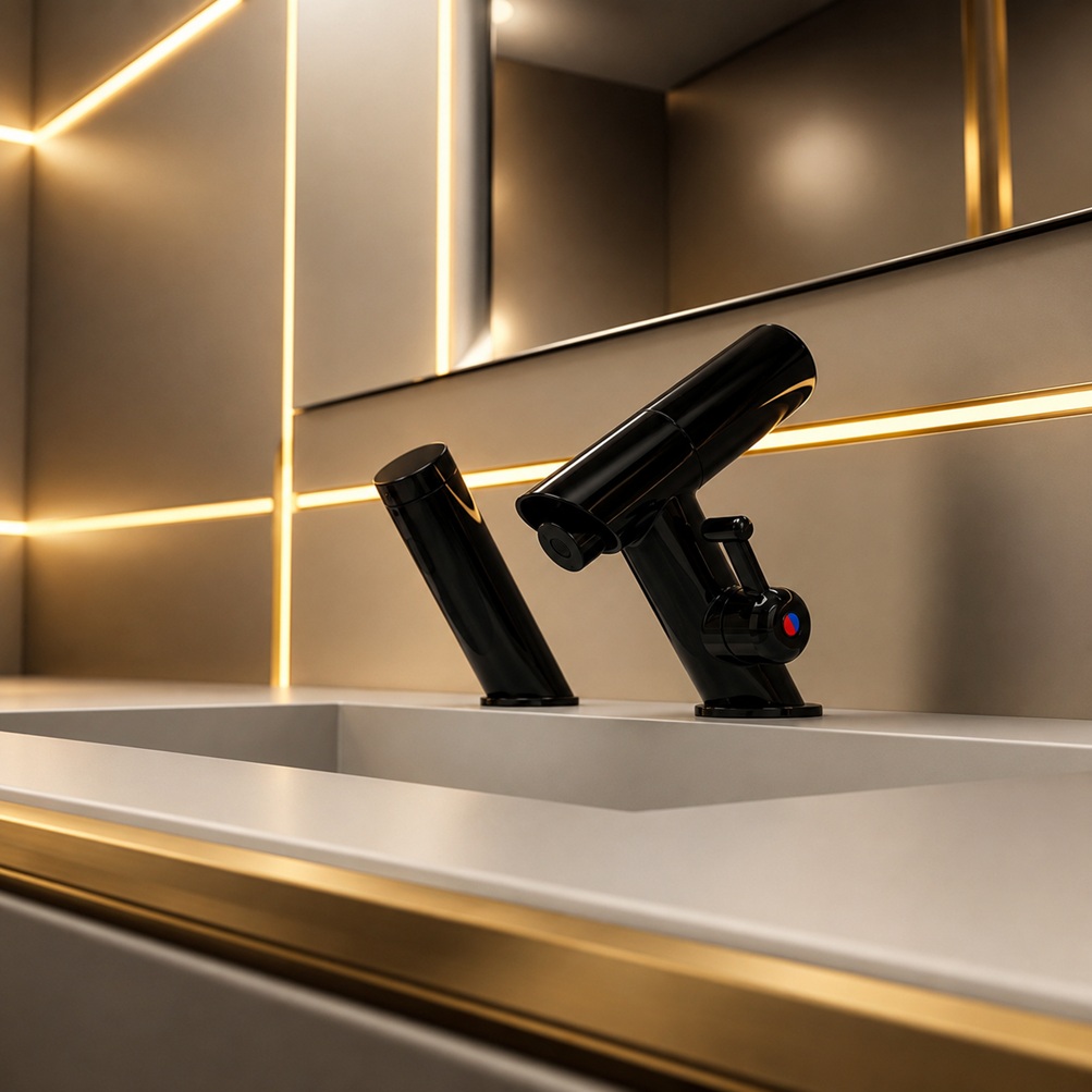 Glossy black angled touchless faucet model with matching soap dispenser installed on a modern white restroom sink with warm geometric mirror lighting
