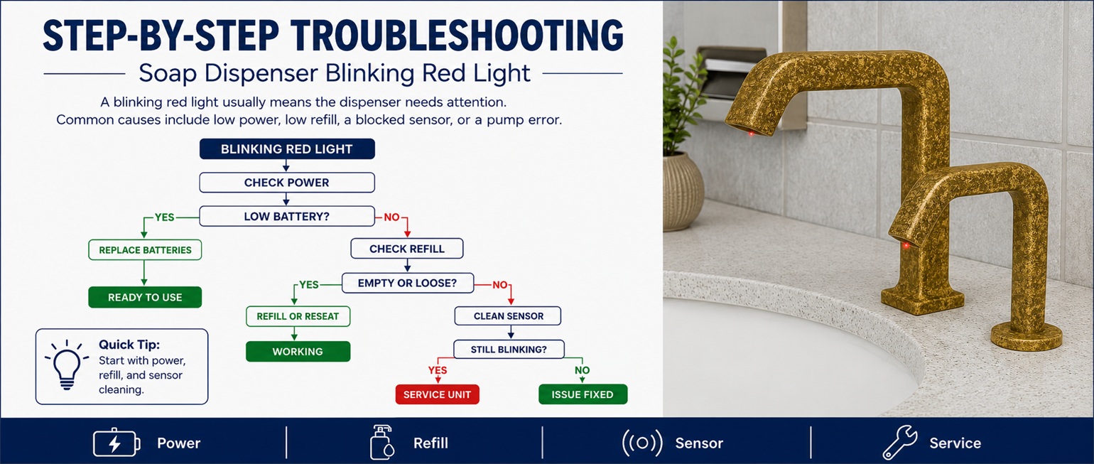 Hammered gold square faucet and matching soap dispenser model shown beside a step-by-step troubleshooting guide for a soap dispenser blinking red light