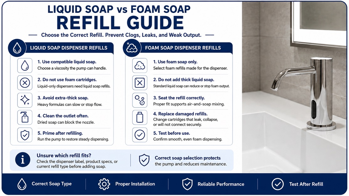 Horizontal image frame comparing liquid soap refill and foam soap refill options for automatic commercial dispensers