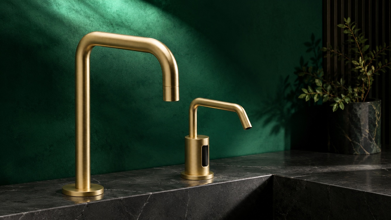 Horizontal frame showing a commercial automatic sensor faucet and soap dispenser set for coordinated touchless restroom solutions