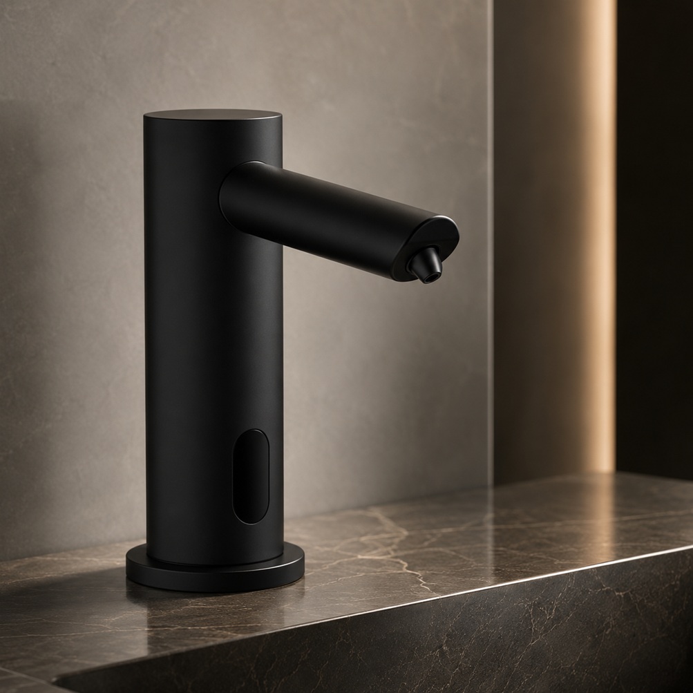 Square frame showing a minimalist black sensor soap dispenser for automatic dispenser FAQ support