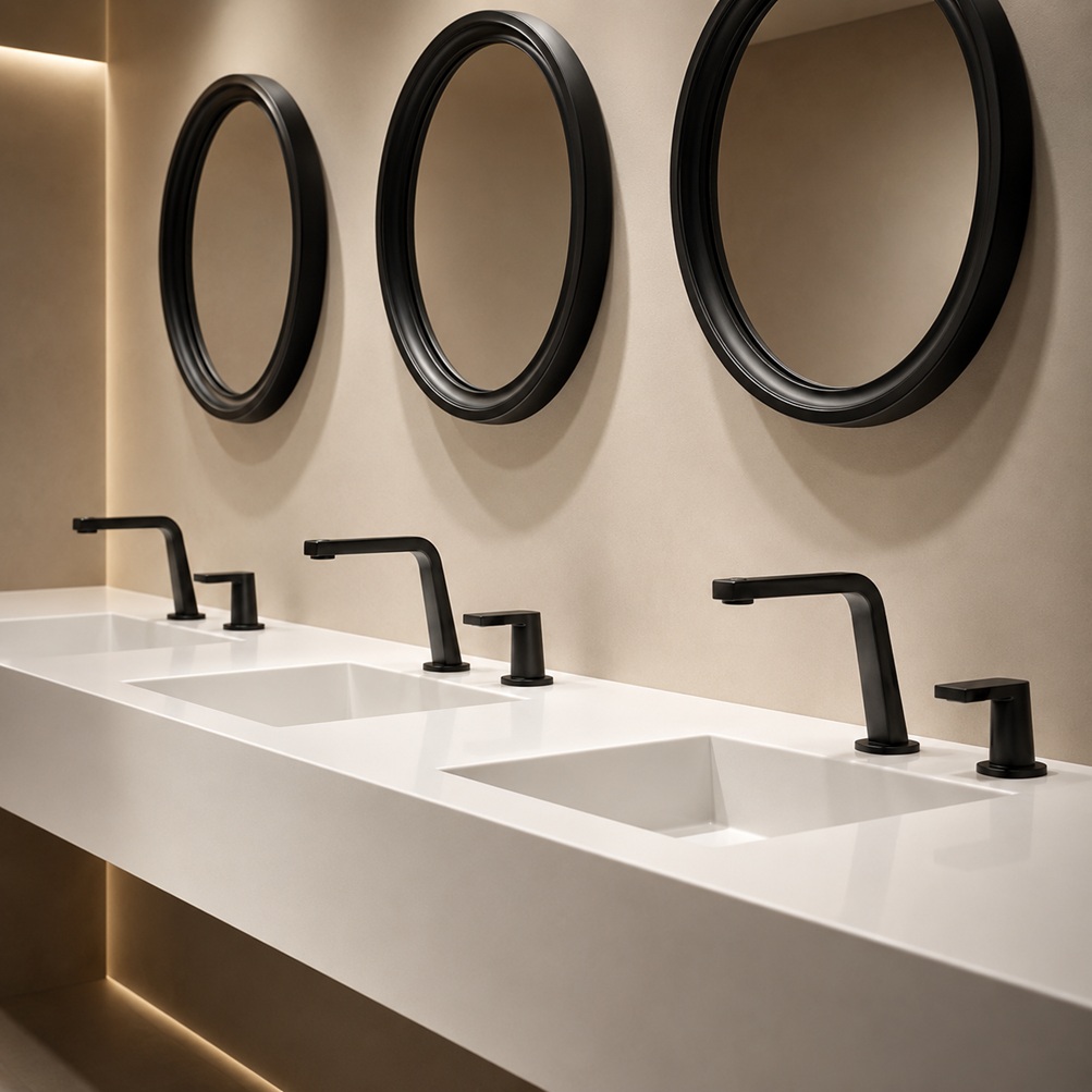 Matte black square faucet model with matching soap dispenser installed on a white multi-station commercial restroom vanity with round black mirrors