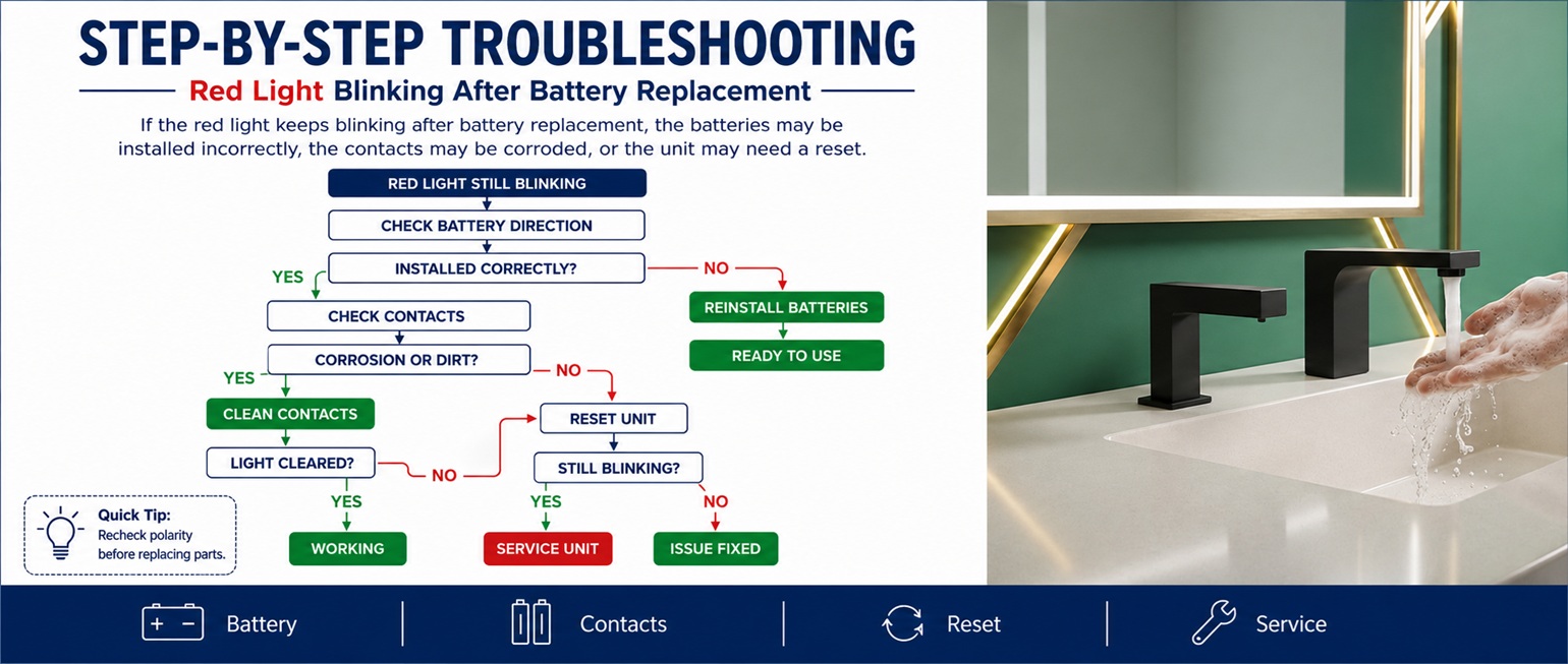 Matte black square touchless faucet model shown beside a step-by-step troubleshooting guide for a red light blinking after battery replacement
