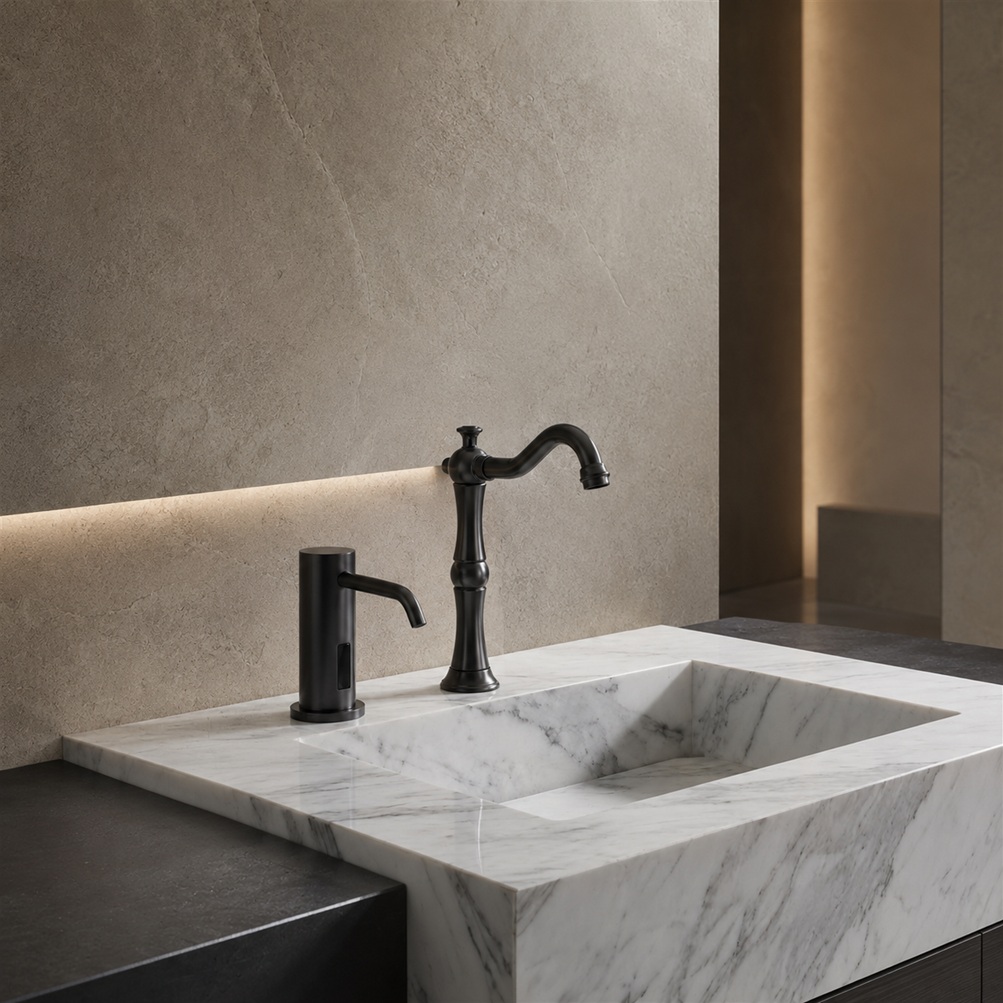 Matte black vintage faucet model with matching soap dispenser installed on a white marble vanity with rectangular sink and modern stone wall backdrop