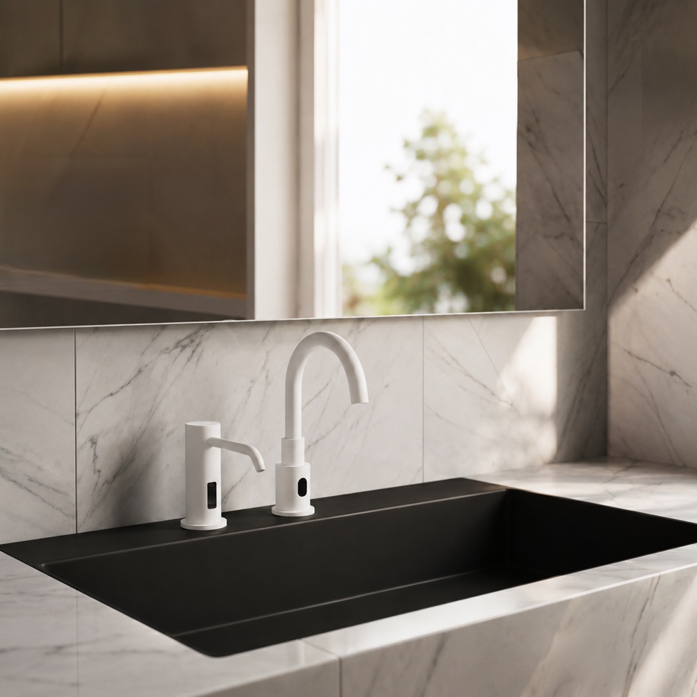 Matte white arched touchless faucet model with matching soap dispenser installed on a black trough sink and white marble bathroom vanity