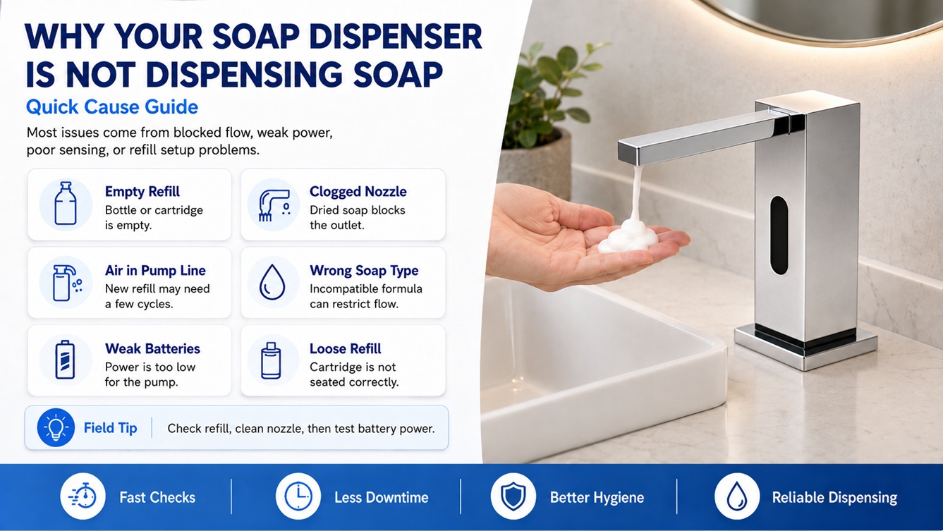 Horizontal frame showing a hands-free commercial automatic sensor liquid soap dispenser for step-by-step service checks