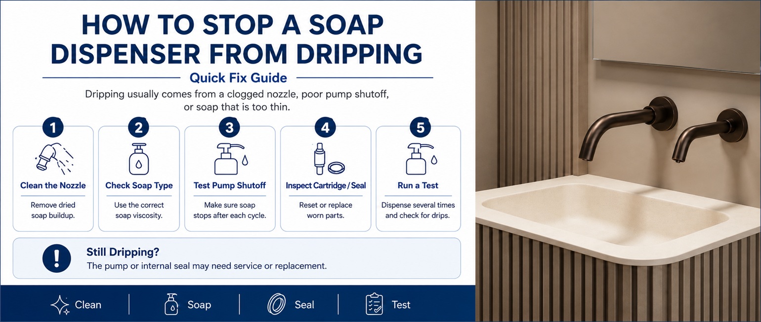 Oil-rubbed bronze dual wall-mounted faucet model shown beside a quick fix guide explaining how to stop a soap dispenser from dripping