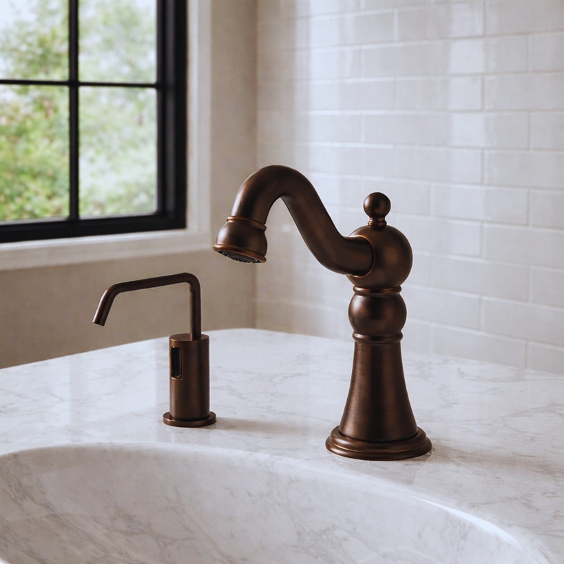Square frame showing a chrome wall-mounted commercial automatic soap dispenser for dispenser replacement decisions