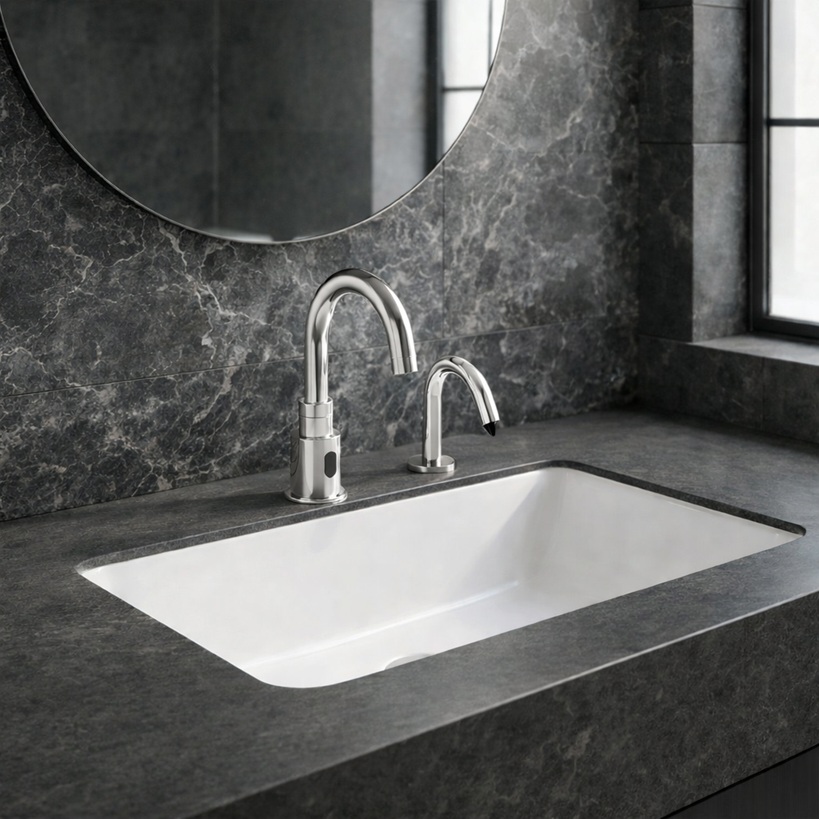 Polished chrome arched touchless faucet model with matching soap dispenser installed on a dark stone bathroom vanity with white undermount sink and round mirror