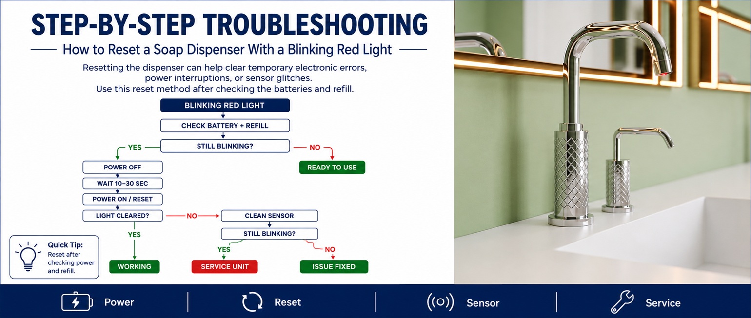Polished chrome knurled faucet and matching soap dispenser model shown beside a step-by-step guide for resetting a soap dispenser with a blinking red light