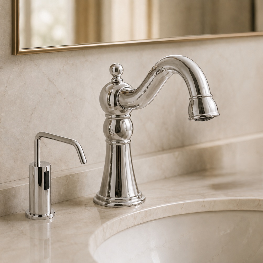 Polished chrome vintage gooseneck faucet model with matching soap dispenser installed on a marble bathroom vanity with traditional detailing and mirror backdrop