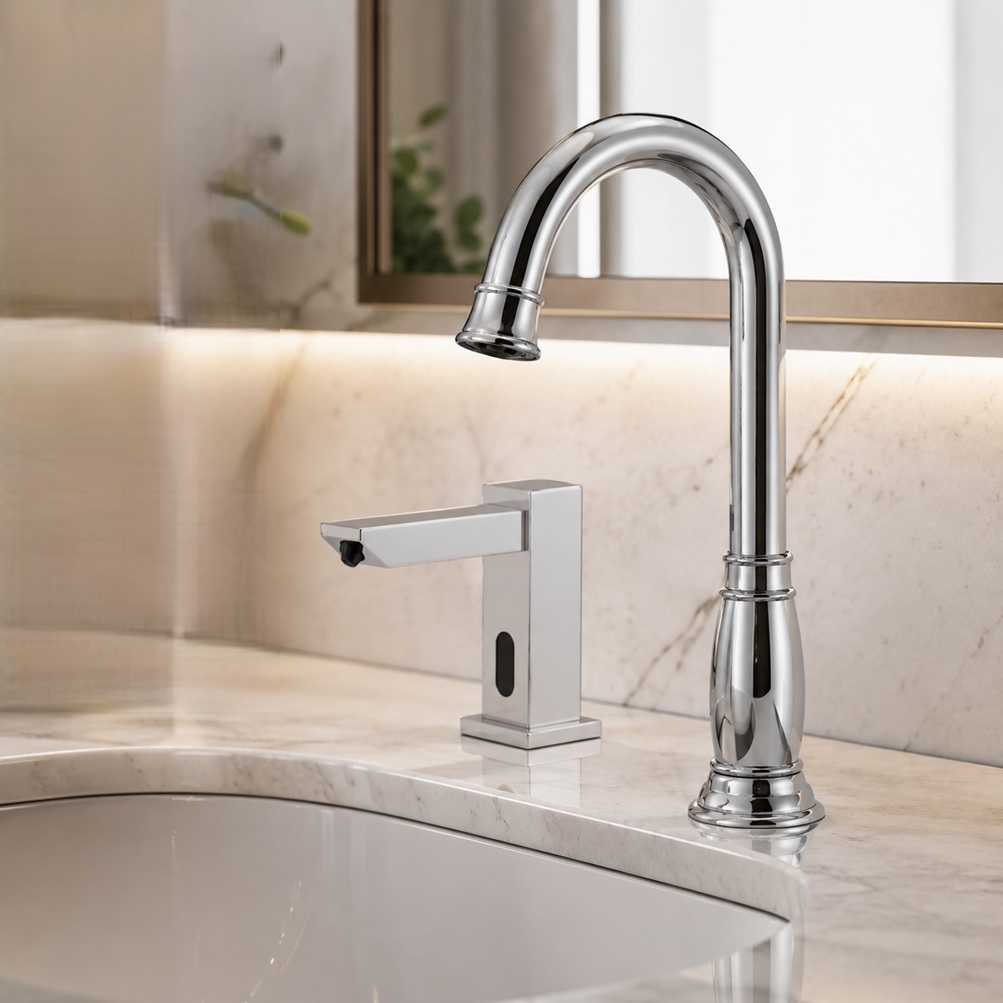 Polished chrome vintage gooseneck faucet model with matching square touchless soap dispenser installed on a marble bathroom vanity with warm mirror lighting