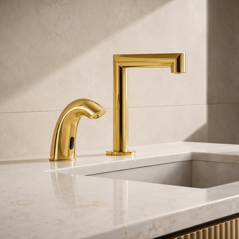 Polished gold square faucet model with matching arched touchless soap dispenser installed on a light marble bathroom vanity