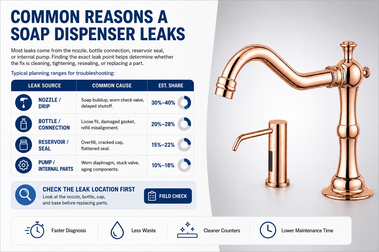 Rose gold vintage faucet and matching soap dispenser model shown beside a troubleshooting guide explaining common reasons a soap dispenser leaks
