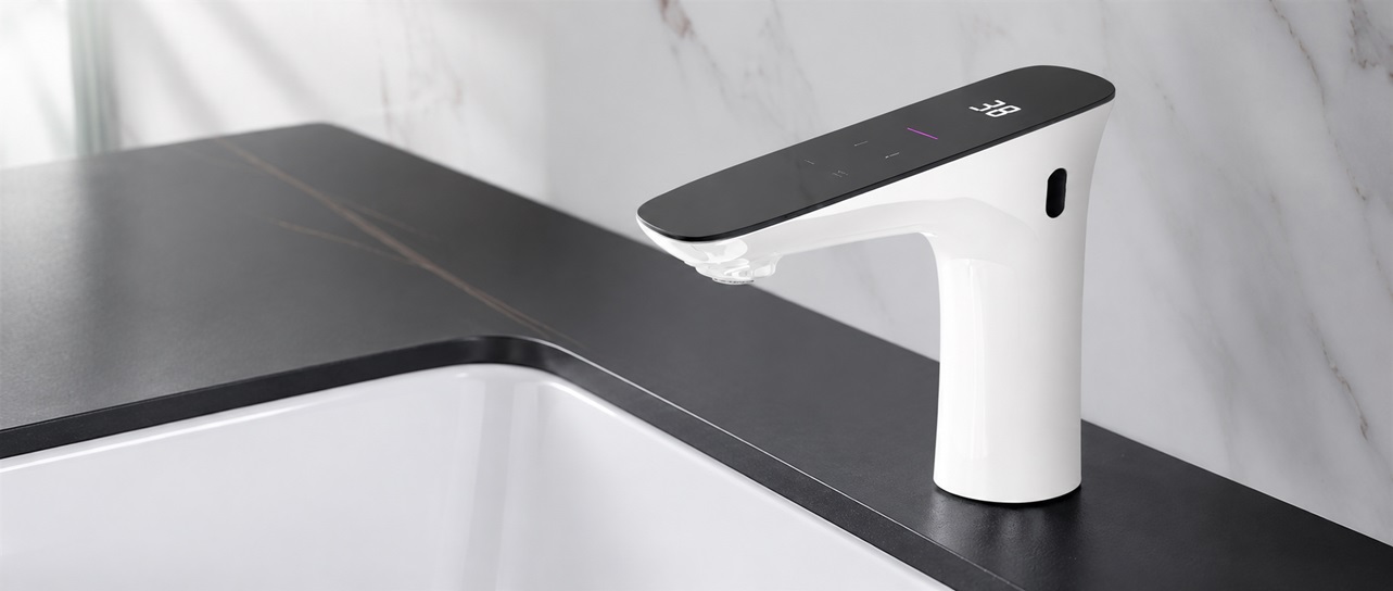 FontanaSereniTap FS7966MW matte white touch LED bathroom faucet with OLED control panel